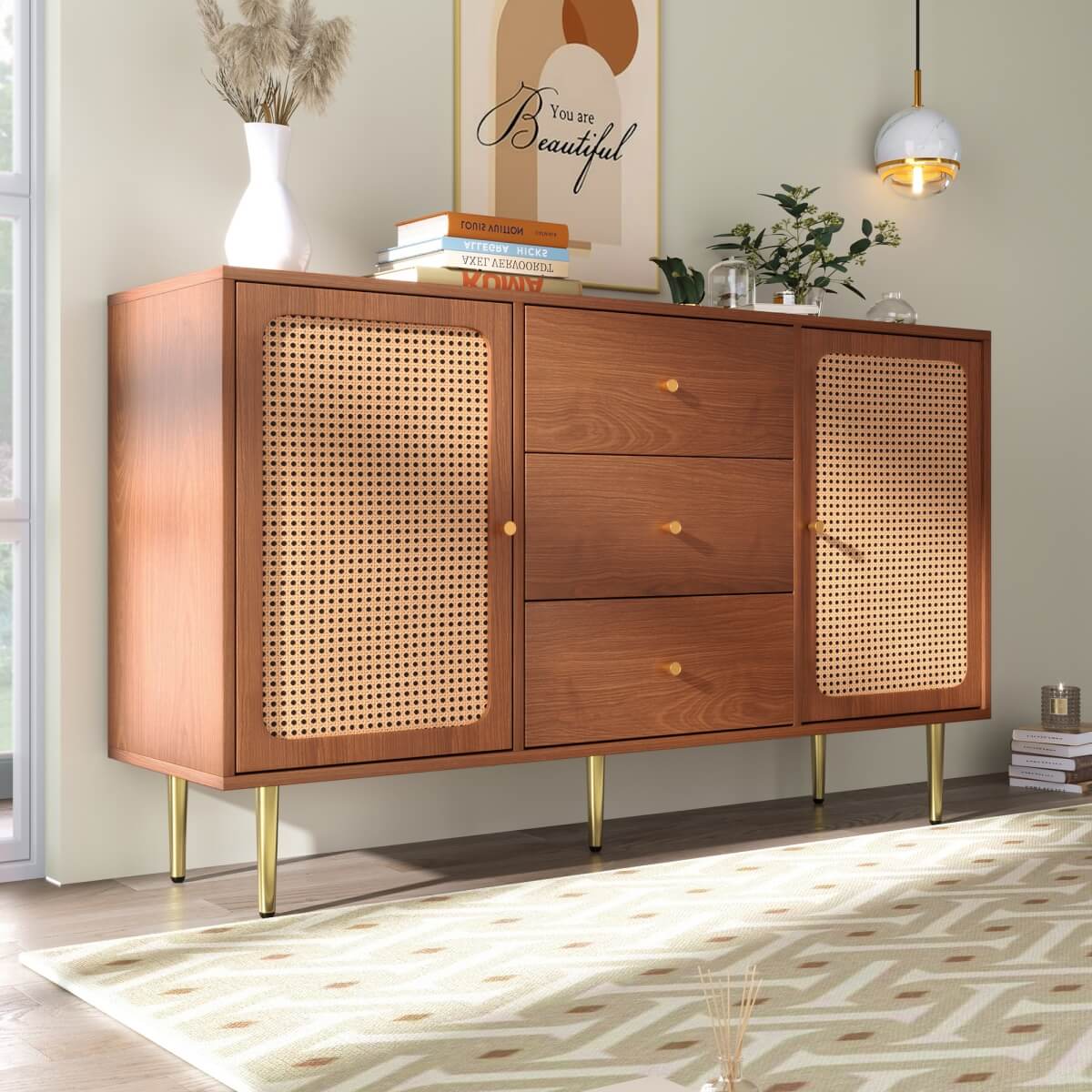 Rattan Sideboard Cabinet – Walnut Storage Unit with 2 Doors and 3 Drawers – Abrihome UK