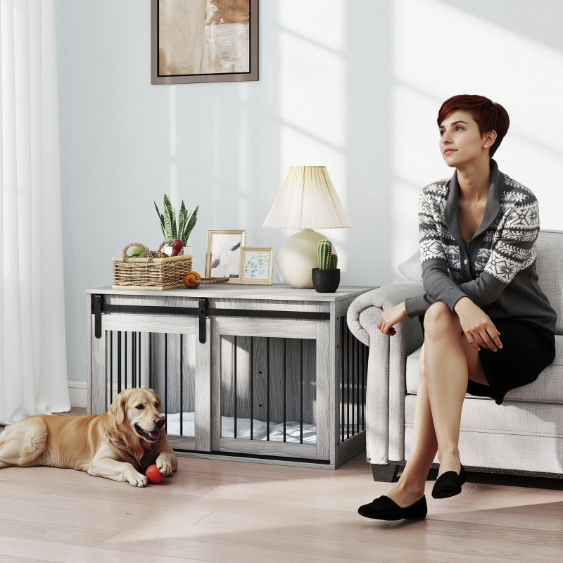 PawHut 98cm Dog Crate Furniture with Removable Cushion - Grey