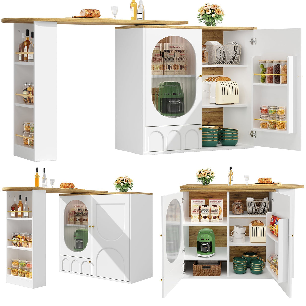 360¡ã rotating bar table (body 138 x 39 x 105 cm), coffee bar furniture, rotating dining table with storage space, kitchen island, two doors with shelves, sideboard, buffet, white