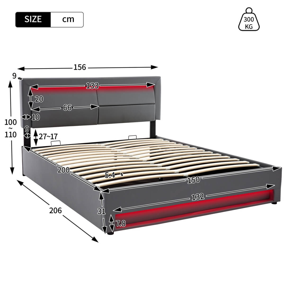 5ft King Size Upholstered Bed - LED Storage Bed with USB & Wireless Charging, Grey