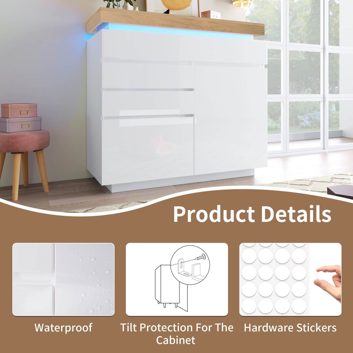High Gloss Sideboard Cabinet with 2 Doors & 3 Drawers - RGB LED Storage Chest of Drawers for Living Room & Bedroom, White