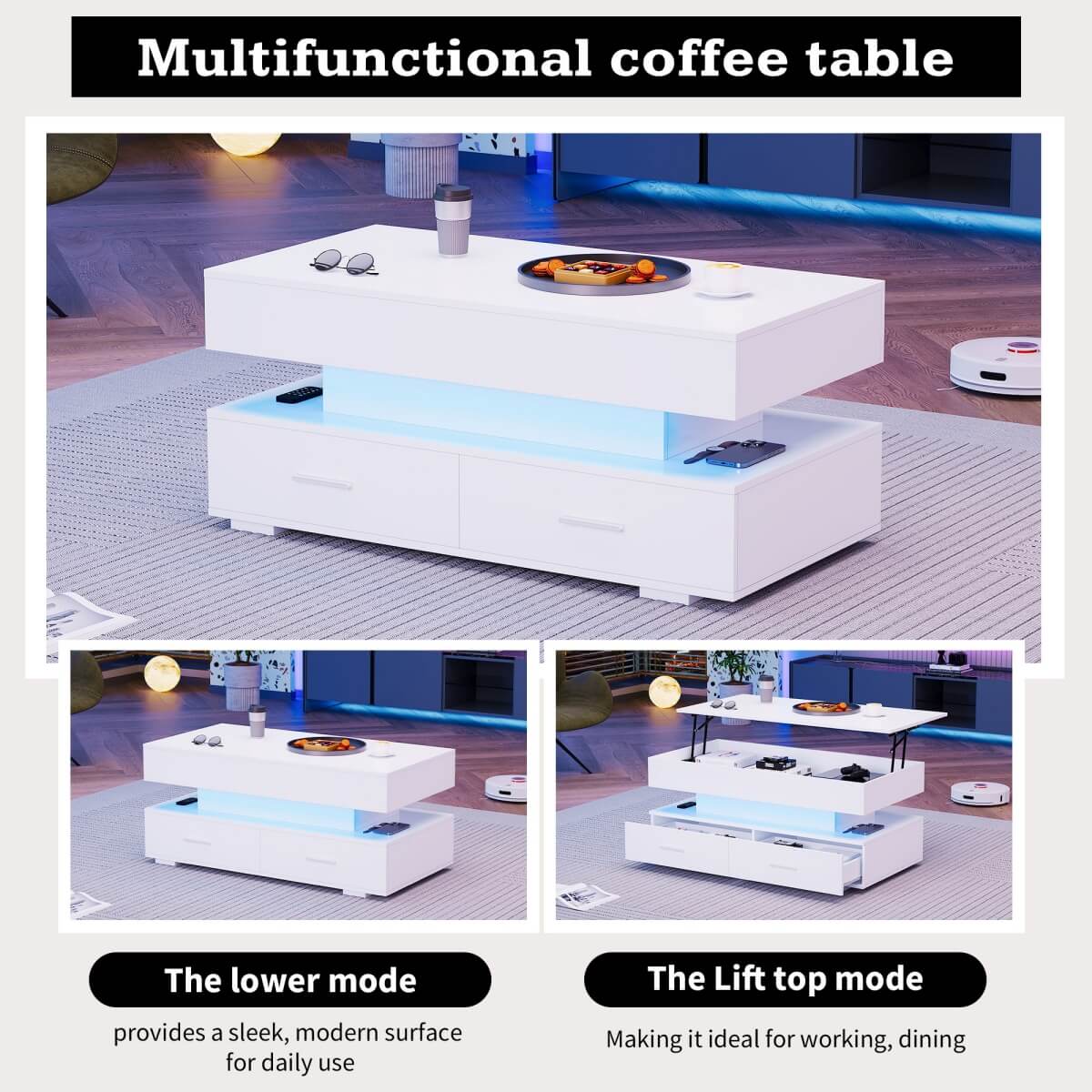 LED Lift Top Coffee Table - Hydraulic Storage Coffee Table with Drawers for Living Room, White