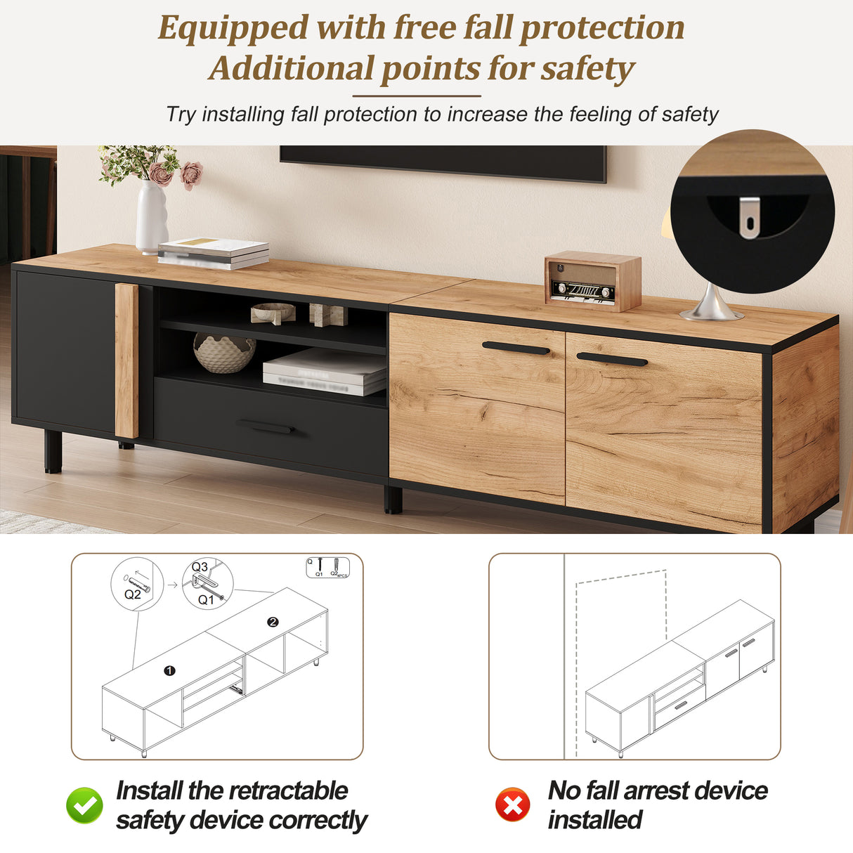 Modern 180cm TV Stand, Lowboard, TV Cabinet, TV Unit, TV Entertainment Center, Oak & Black Media Console with Drawer & Cabinets, Industrial Low Storage Cabinet for Living Room, TVs up to 75"