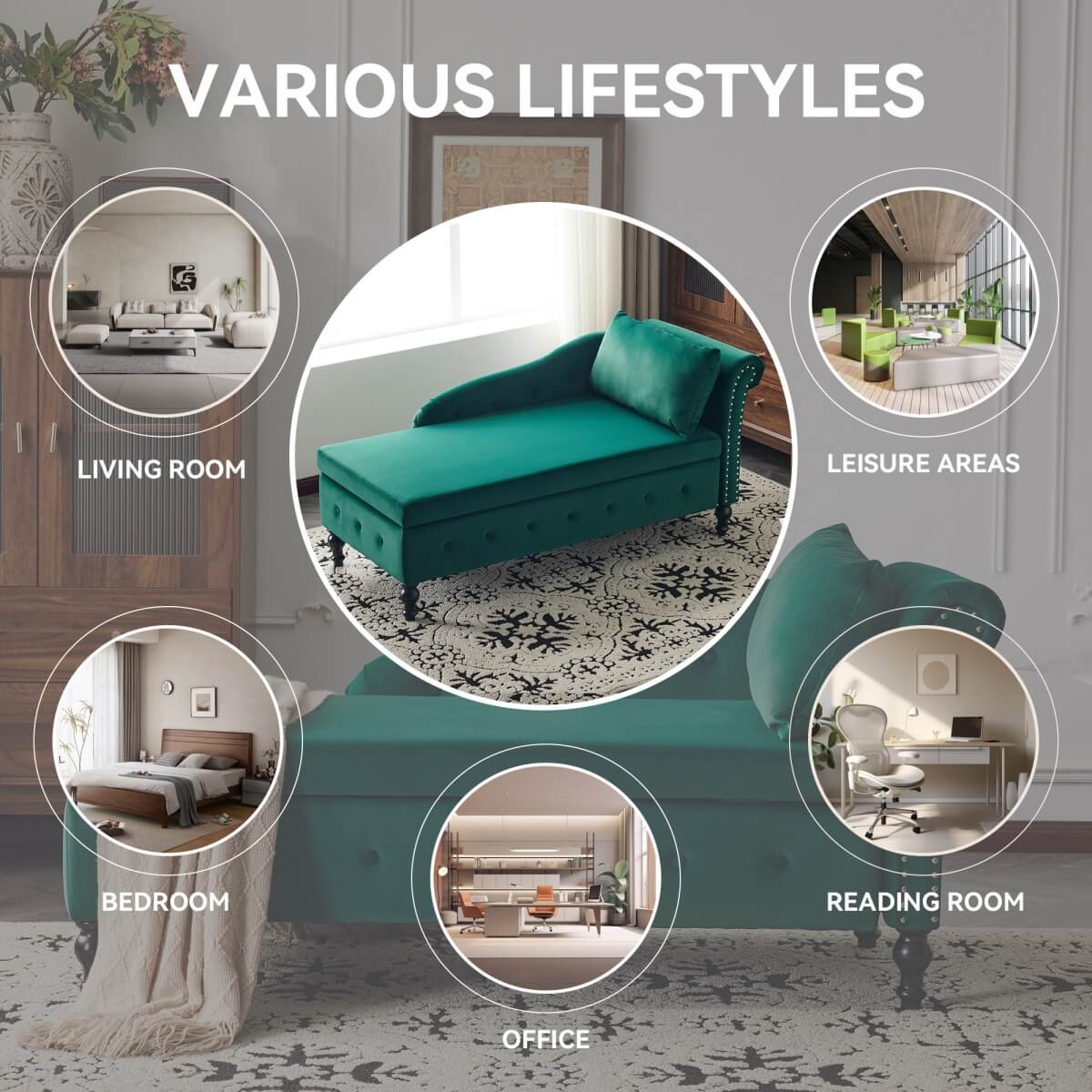 Velvet Chaise Lounge with Storage - Tufted Upholstered Sofa, Right Armrest, Green