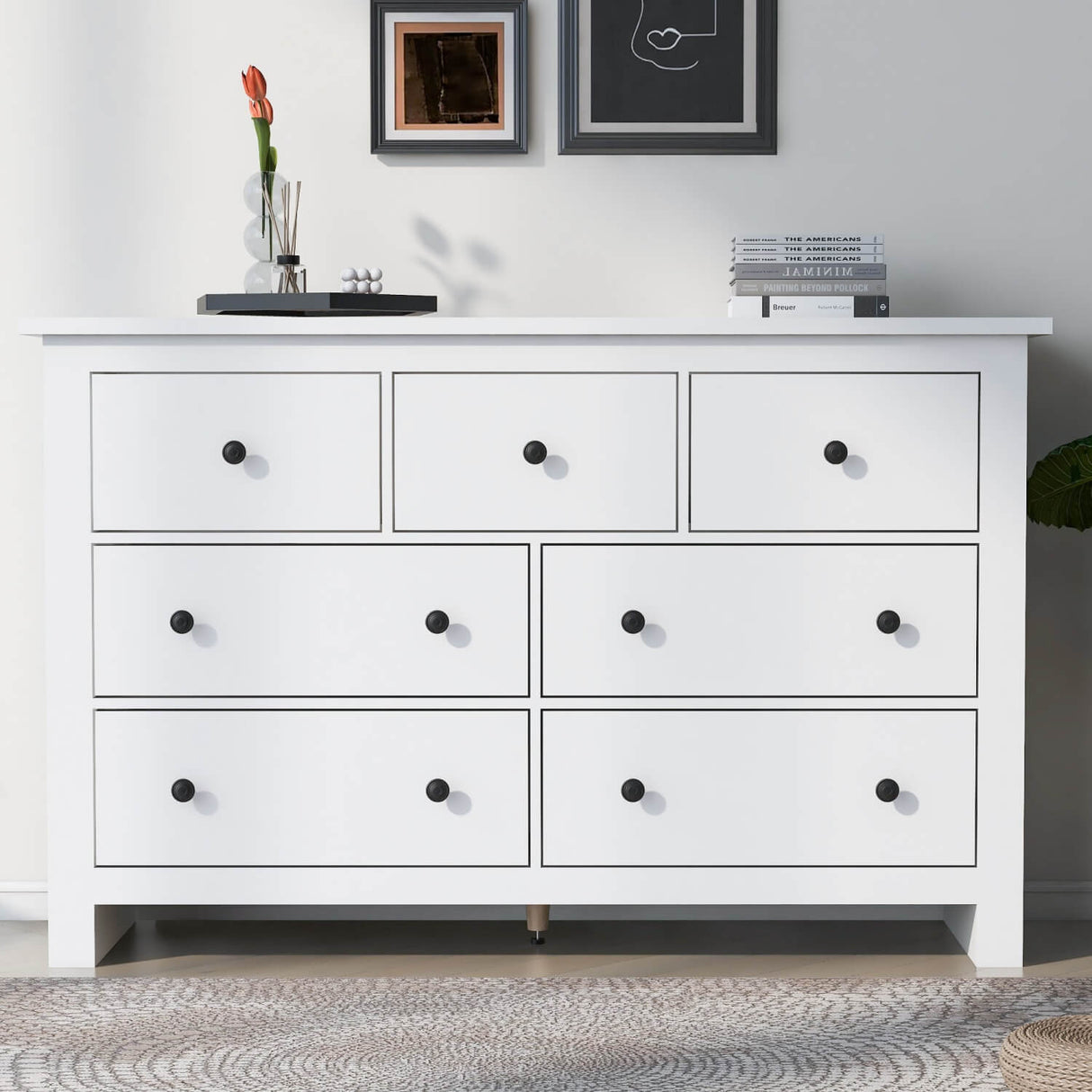 White Sideboard with 7 Drawers - Storage Cabinet for Living Room & Kitchen