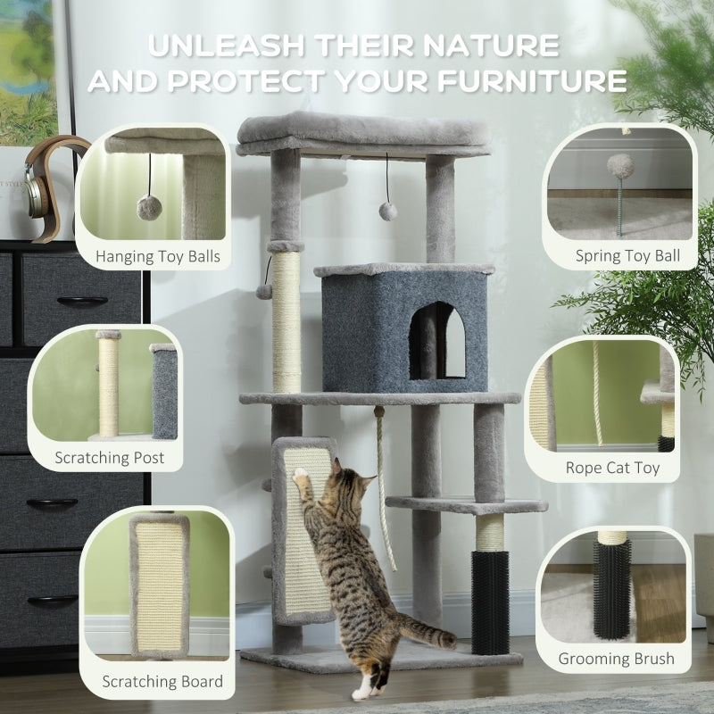 Cat Tree 132cm, with Scratching Posts, Pad, Cat Bed, Cat House, Jumping Platform, Grooming Brush, Anti-Tip Kit, Light Grey