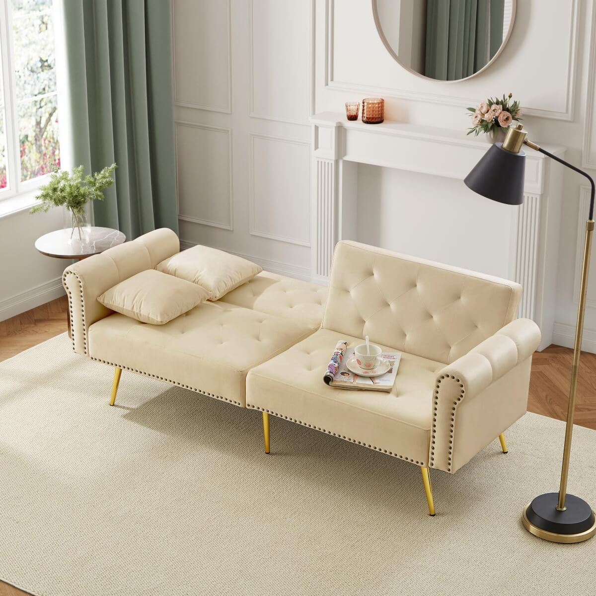 2-Seater Modern Sofa Bed – Velvet Upholstery with 3-Stage Adjustable Backrest and Gold Metal Feet, Space-Saving Convertible Sofa for Small Spaces