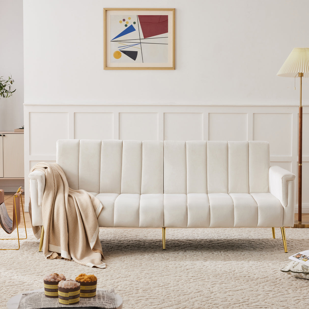 Modern Adjustable Velvet Sofa Bed with MultiPosition Backrest & Armrests, Metal Legs, Convertible Sleeper Function, Ideal for Living Room, Bedroom, Home Theater & Guest Room, Beige, Video Included