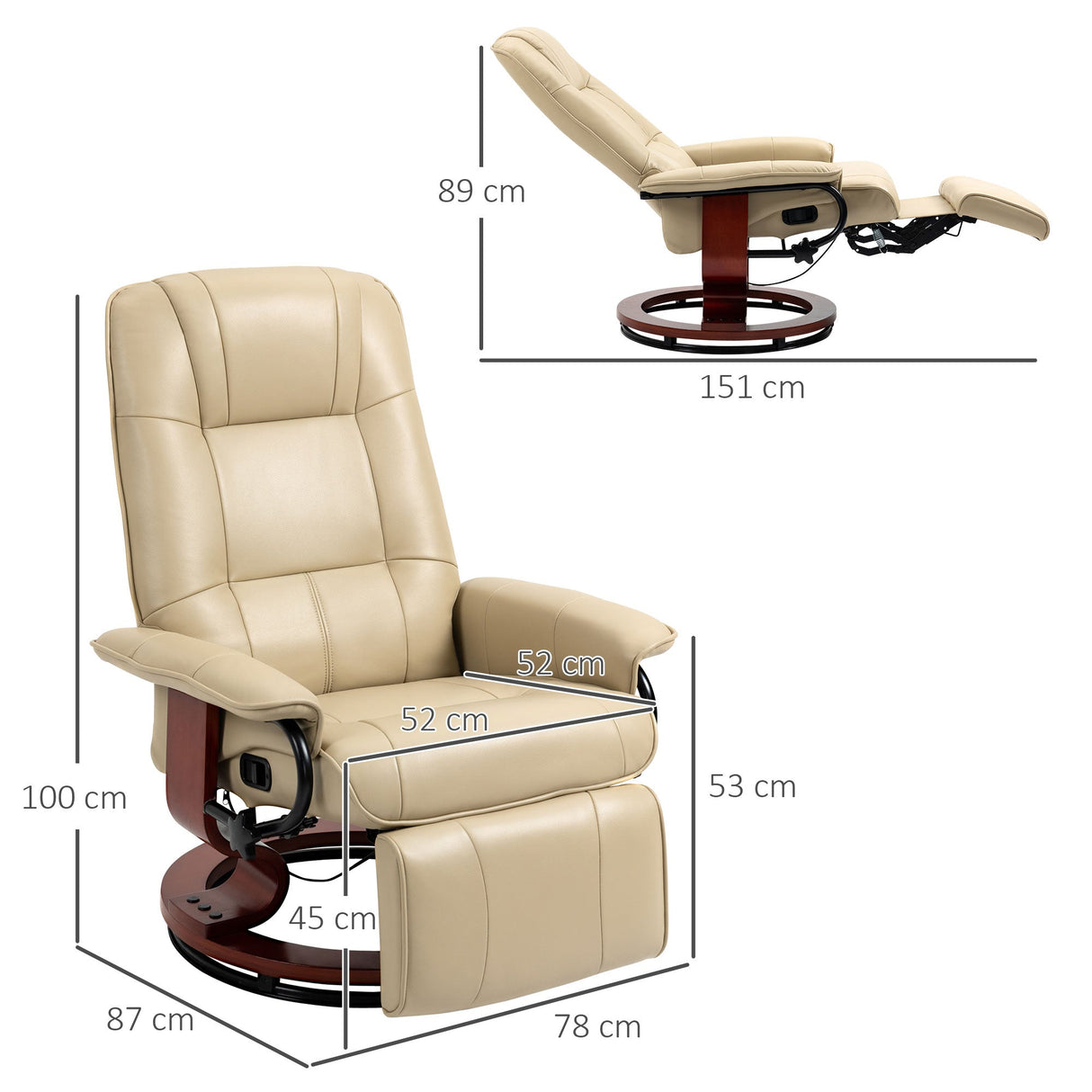 Faux Leather Armchair, 145?? Reclining Back and Footrest - Cream