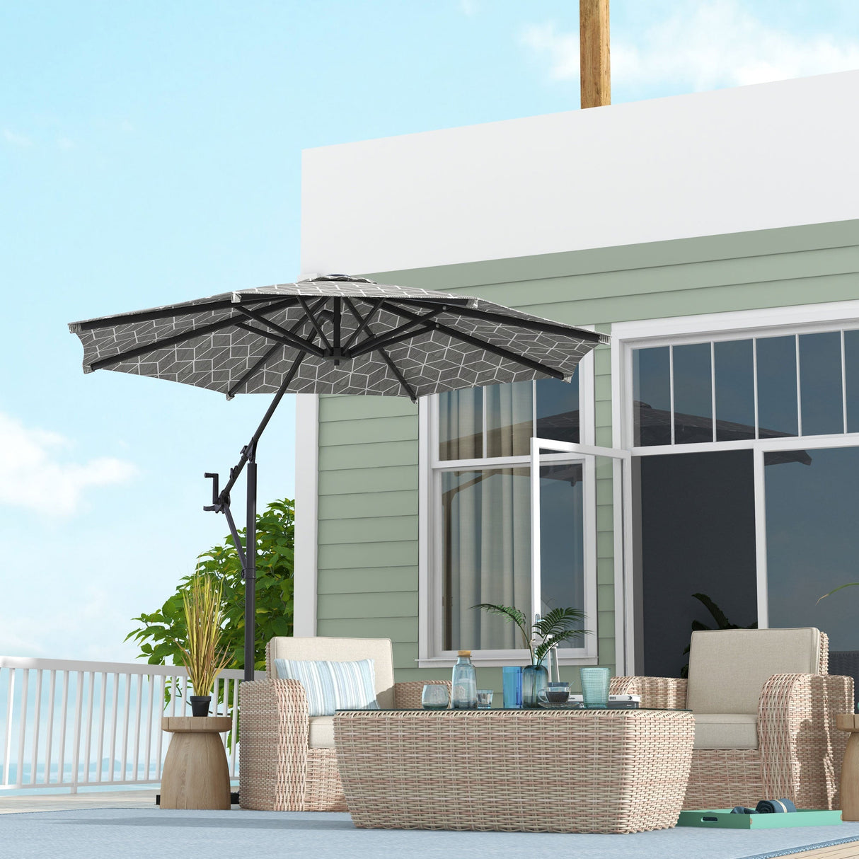 Convertible Cantilever Parasol, 3m, 360?? Rotation, Black and White