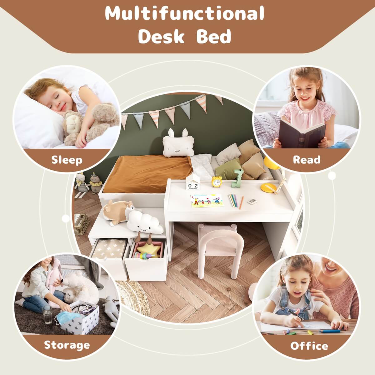 3ft Kids Single Bed with Desk & Drawers – White Wooden Storage Bed for Teens & Adults