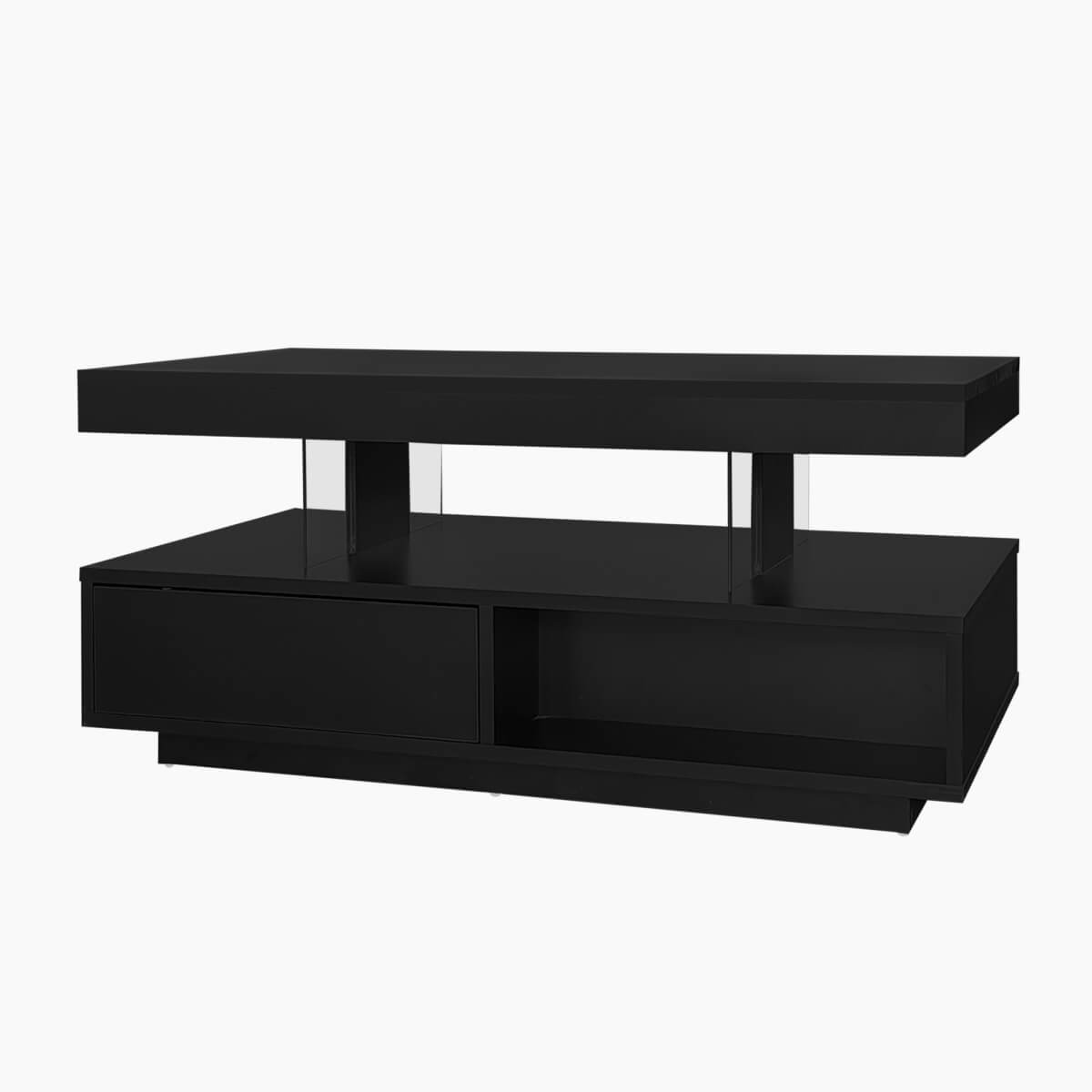High Gloss Coffee Table with LED Lights - Modern Black Storage Centre Table
