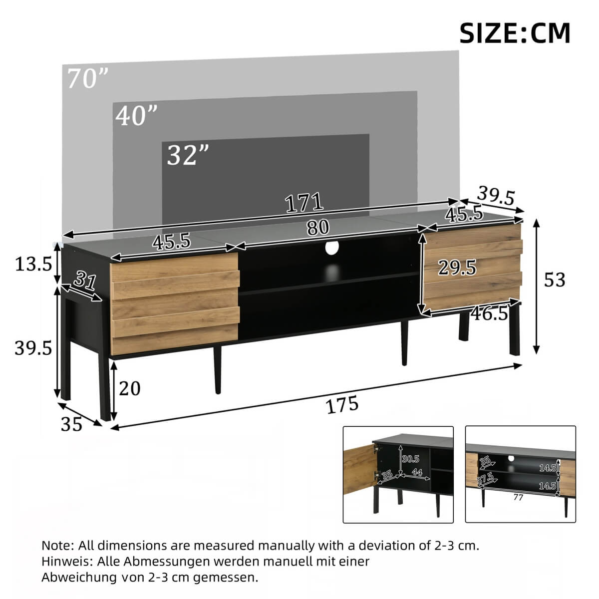 TV Unit with Storage – 2 Cabinets & Open Shelves, Natural Wood & Black