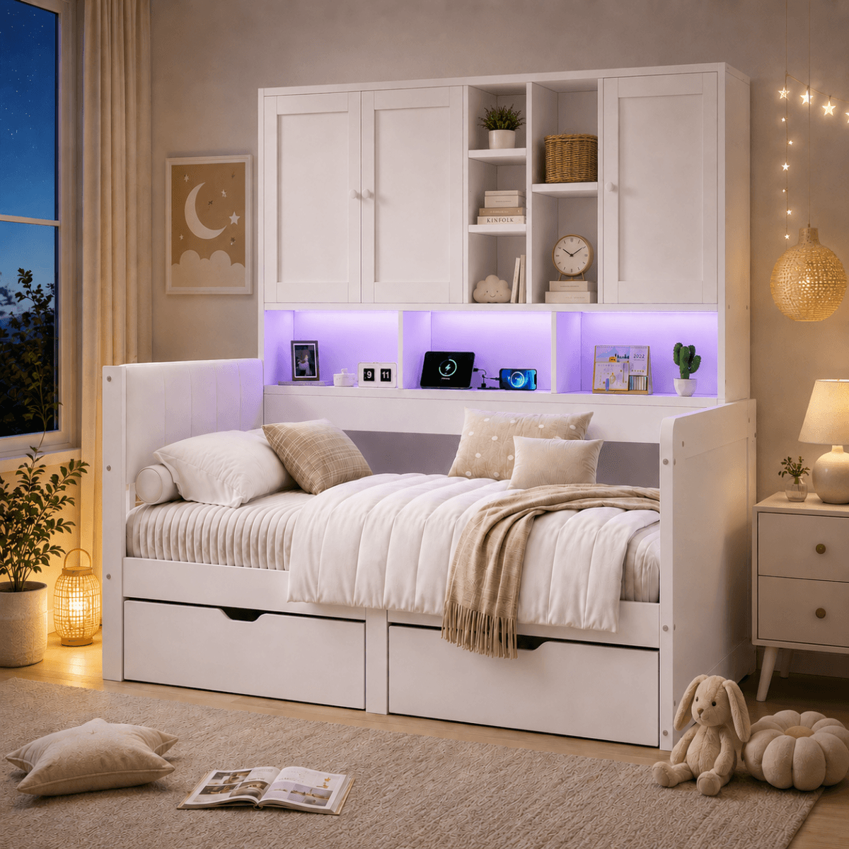 3ft Single Kids Storage Bed with Overbed Cabinets - White Bed Frame with 2 Drawers, RGB LED Lights, USB Charging Station and PU Headboard