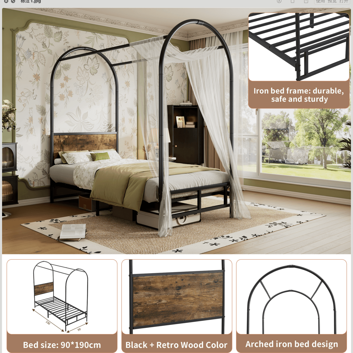 3ft Single Metal Canopy Bed - Sturdy Iron Bed Frame for Adults & Teenagers, Black & Wood