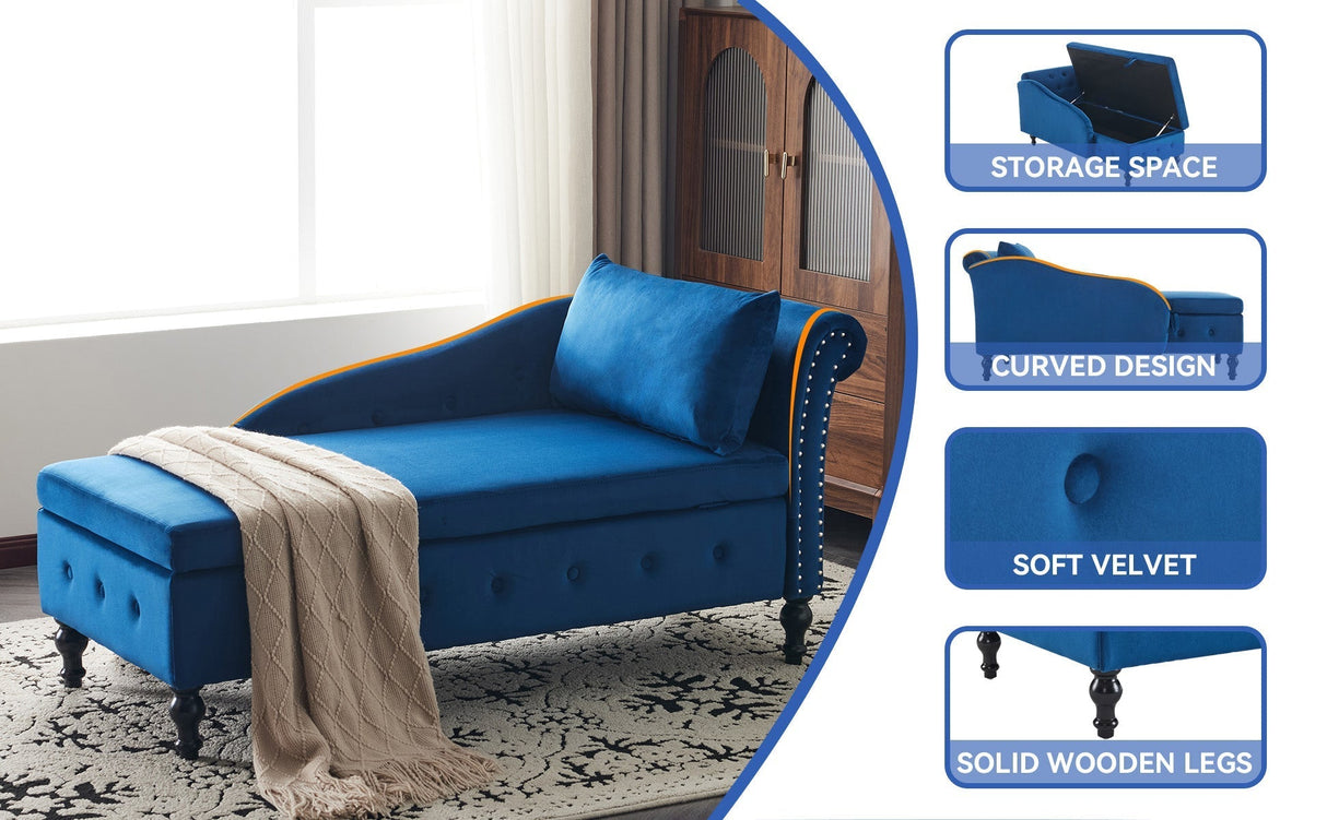 Velvet Chaise Lounge Sofa with Storage, Upholstered with Pillow, Modern Nailhead-Trim & Button-tufted, Right Armrest