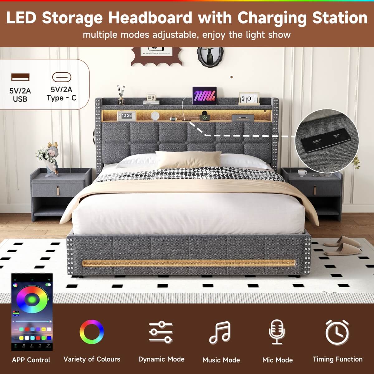 5ft King Ottoman Bed Frame - LED Upholstered Storage Bed with USB & Type C Charging, Grey