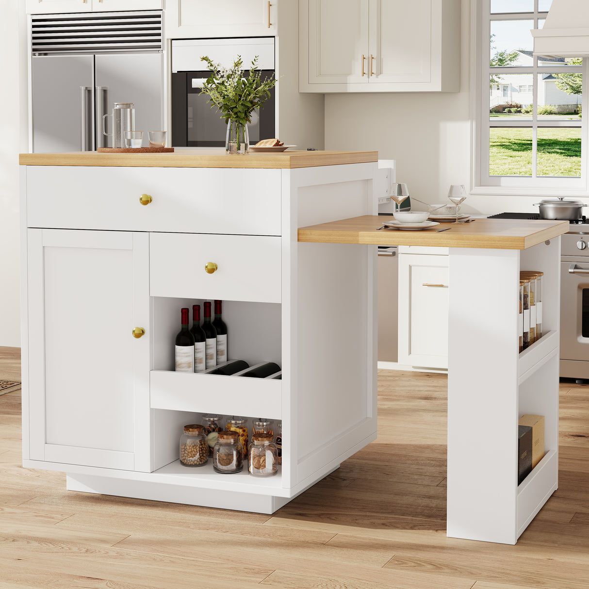 Extendable bar table with storage (122.5-195.57093.8cm), with three drawers and wine rack, kitchen island with extendable table, for 2-6 people, kitchen dining cart with side shelves, white