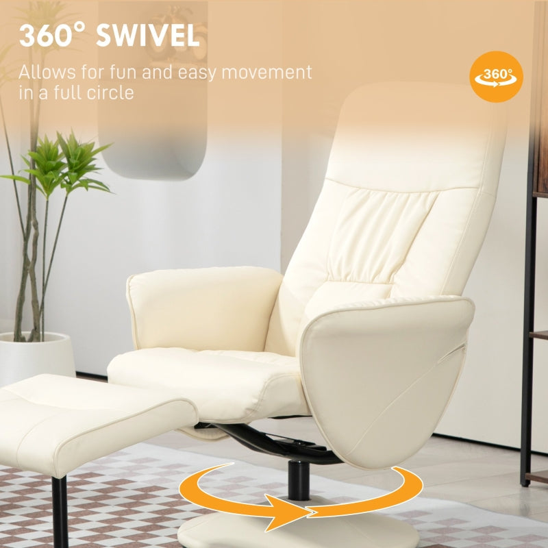 Swivel Recliner Chair with Footstool, High Back PU Leather, Cream White