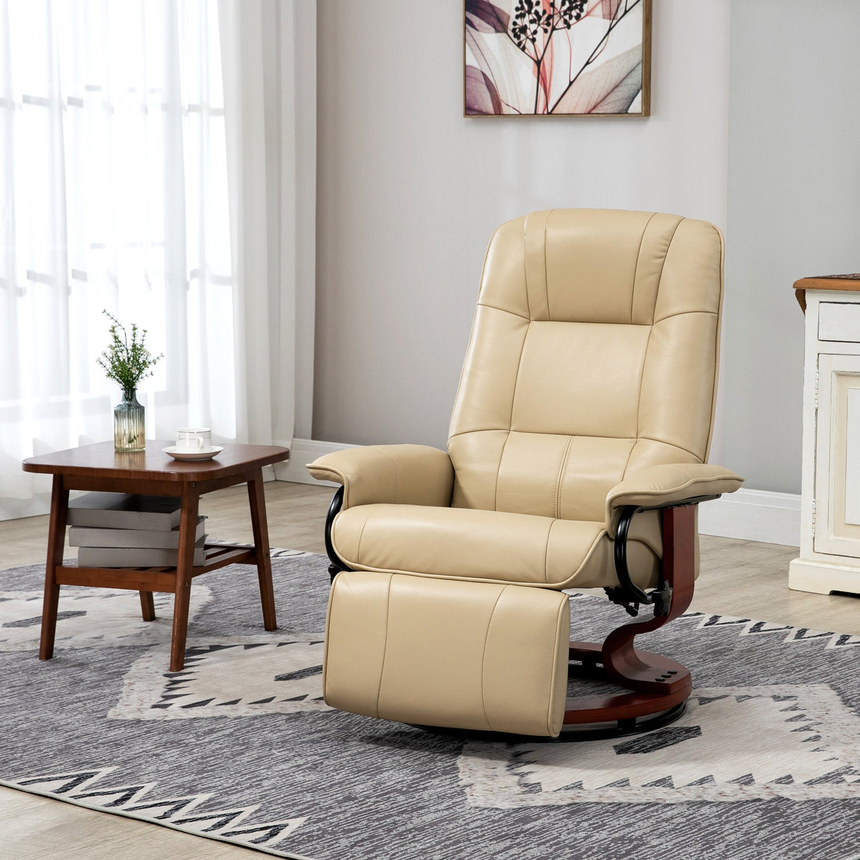 Faux Leather Armchair, 145?? Reclining Back and Footrest - Cream