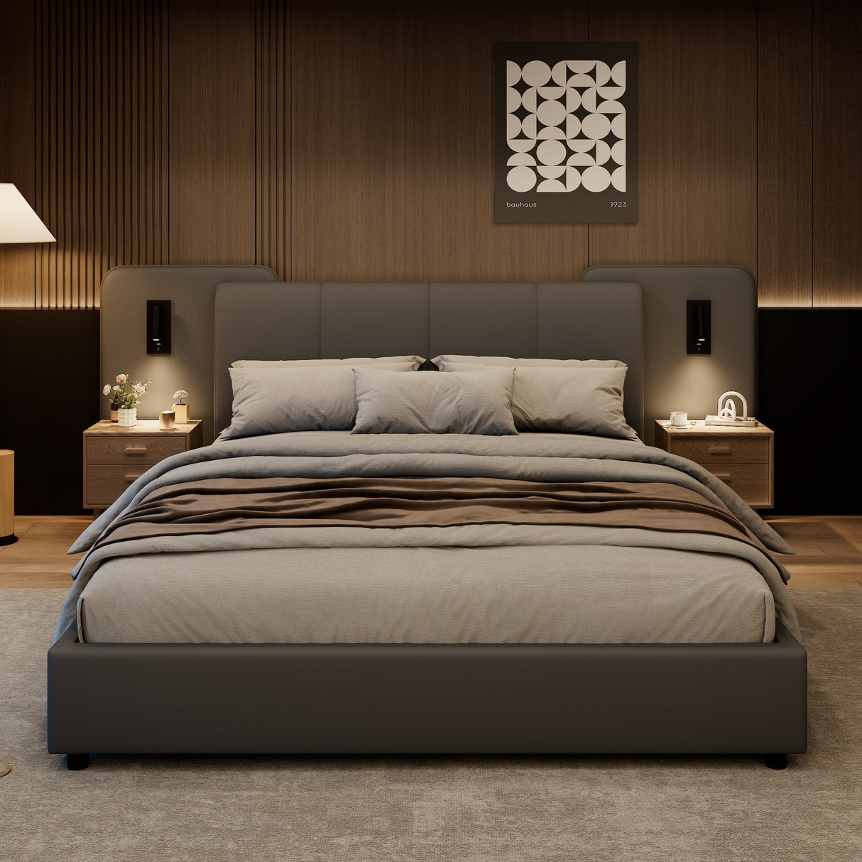 Upholstered Bed with Charging Port and Lighting, 4ft6 Double, Soft Sponge Headboard, Anti-collision Filling, Grey PU + Plywood
