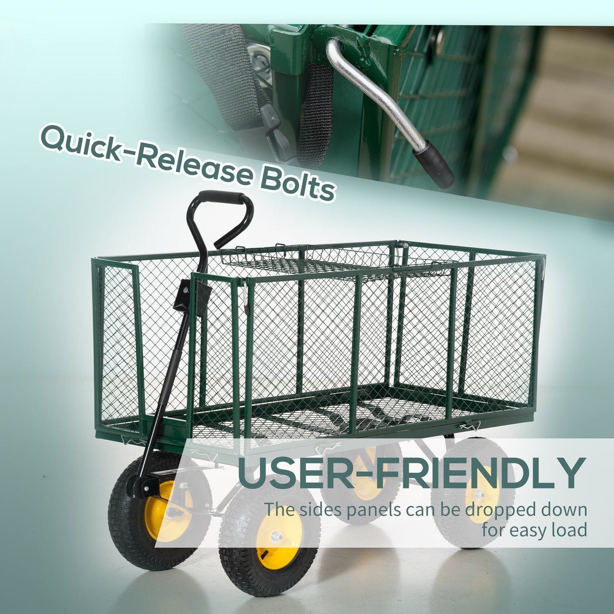 Garden Cart Truck Trolley Wheelbarrow, Large 4 Wheel Heavy Duty with Handle - Green