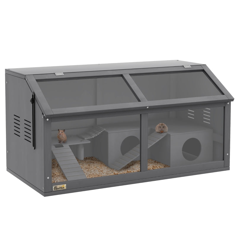 Hamster Cage, Small Animal Cage for Gerbils and Mice with Suspension Bridge and Openable Top, Wooden Grey