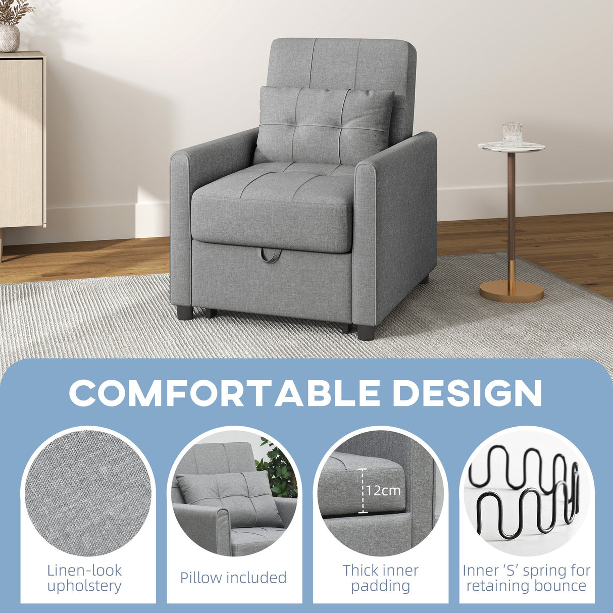 Linen-Look Single Chair Bed - Light Grey