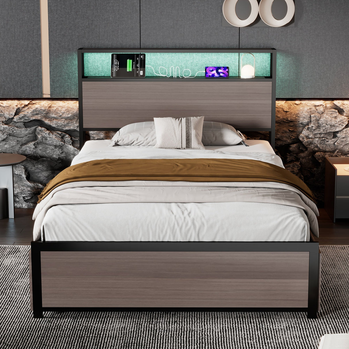Metal Bed 3FT Single with LED Light Strip, 4 Drawers, USB & Type C, Grey Wrought Iron