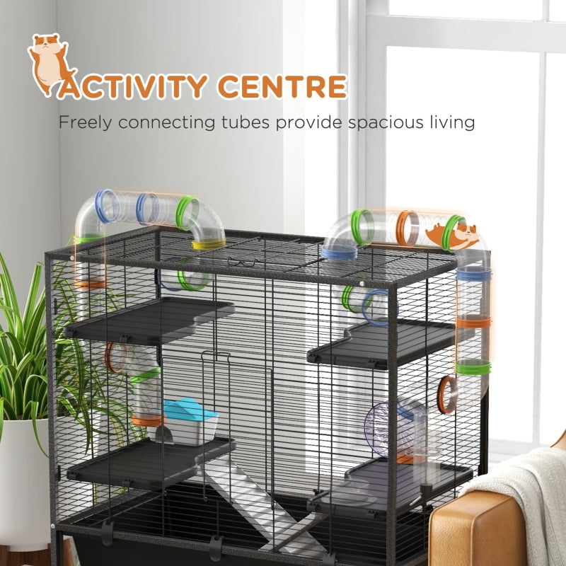 Large Hamster Cage, Gerbil Cage with Tubes, Shelf, Ramps, Platforms, Running Wheel - Black