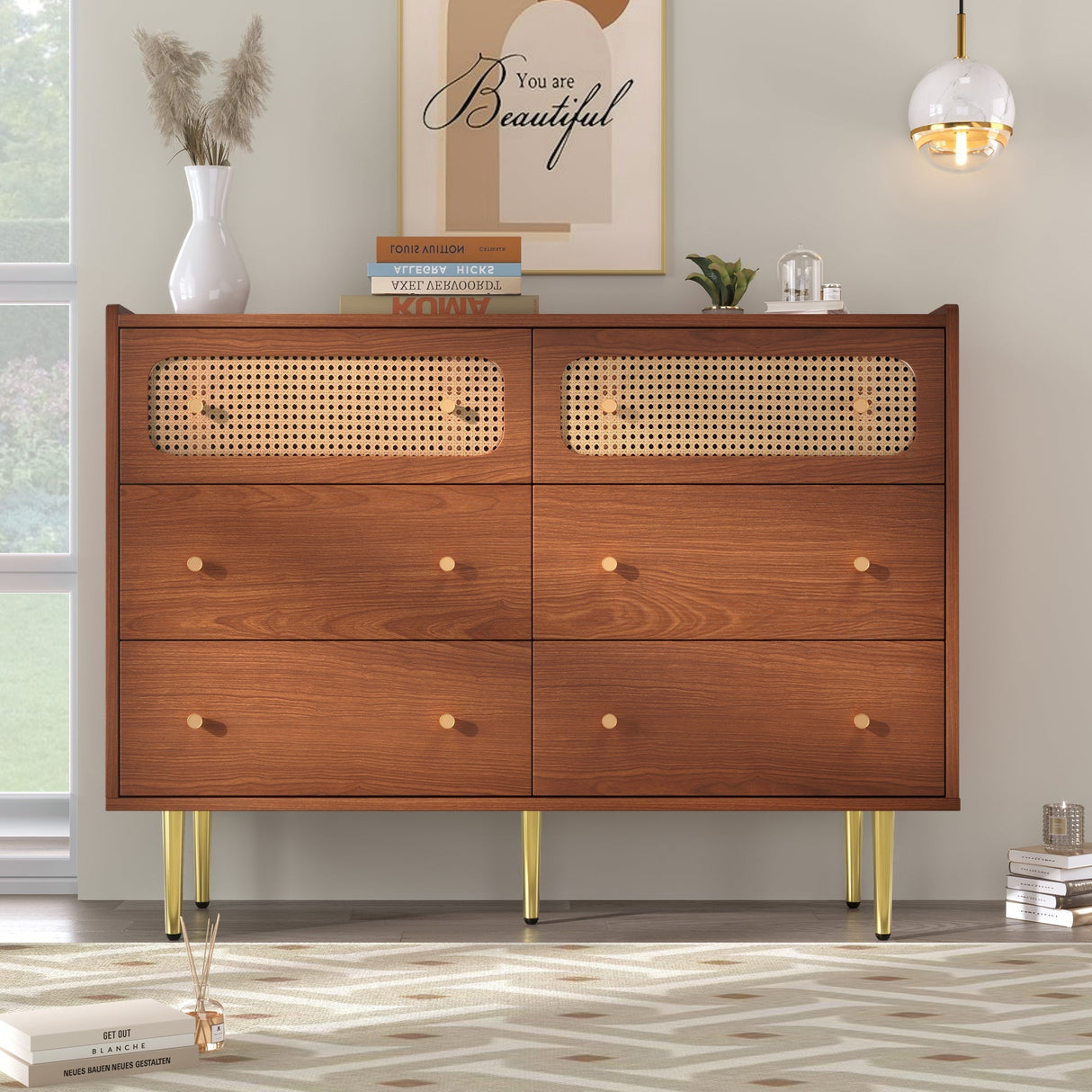 Rattan Sideboard Cabinet with 6 Drawers for Living Room, Walnut