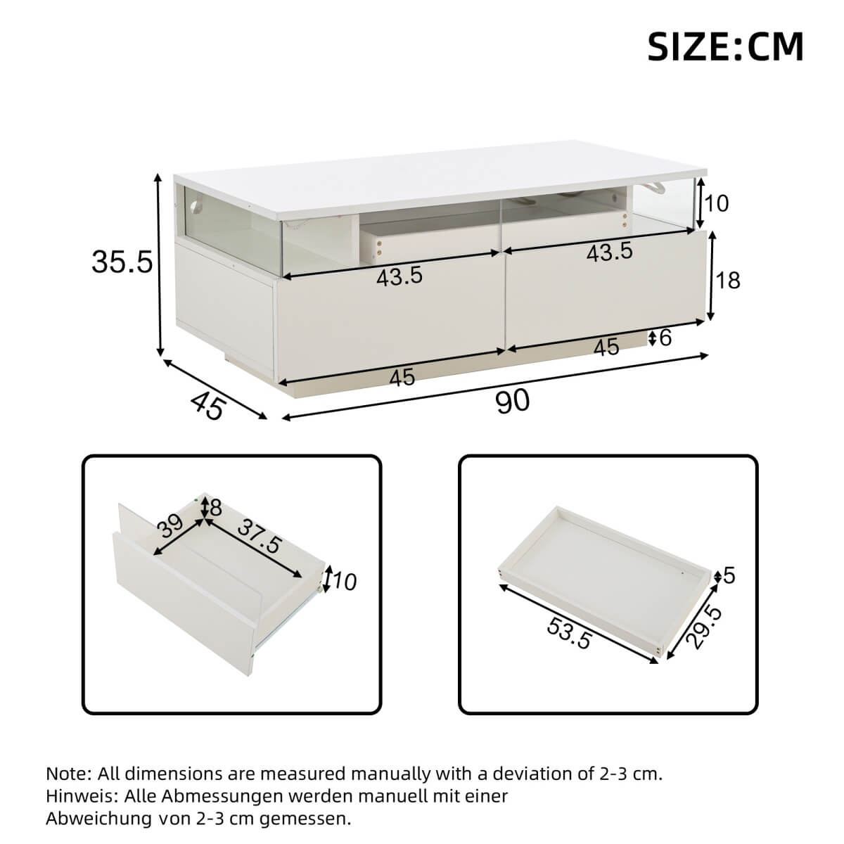 High Gloss Coffee Table – White Centre Table with 2 Drawers, LED Lights and Pull-Out Tray