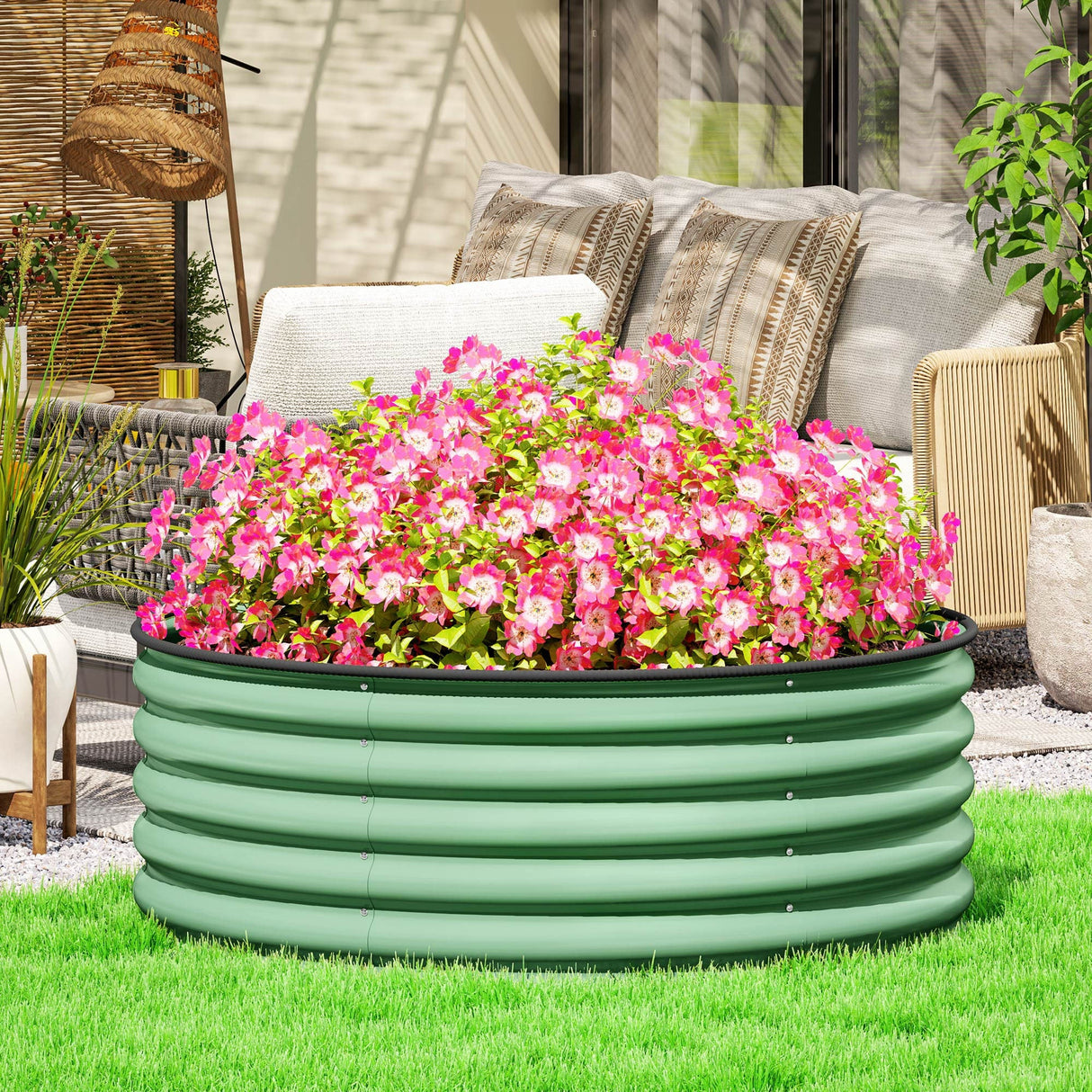 Galvanised Raised Garden Bed with Safety Edging Planter Box, Light Green