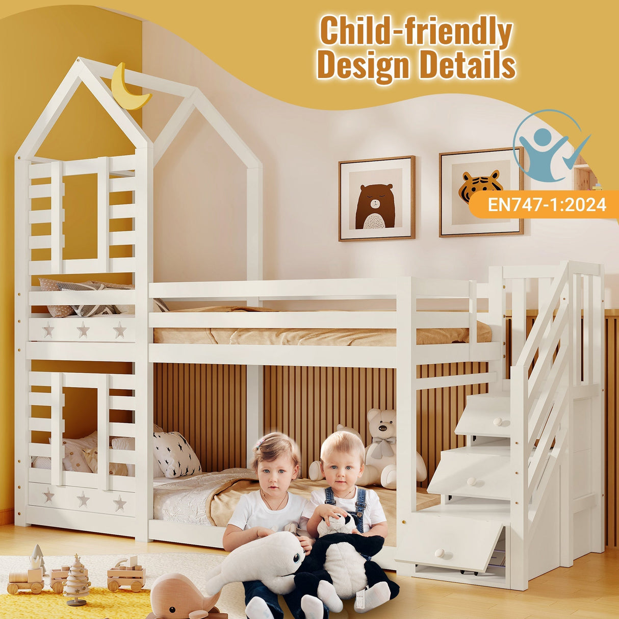 Bunk Bed, Children Cabin Single Bed with Window, 190x90cm Solid Pine Wood, White