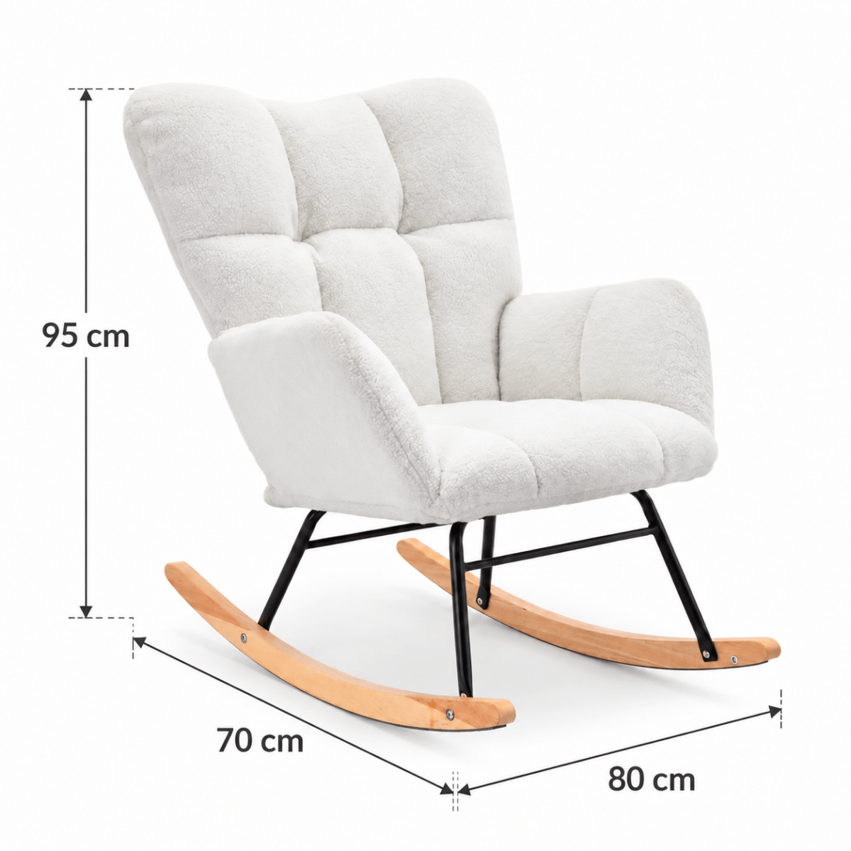 Teddy Fabric Upholstered Rocking Chair with Padded Seat and 2 Side Pockets - Tufted Nursery and Living Room Chair, Ivory White