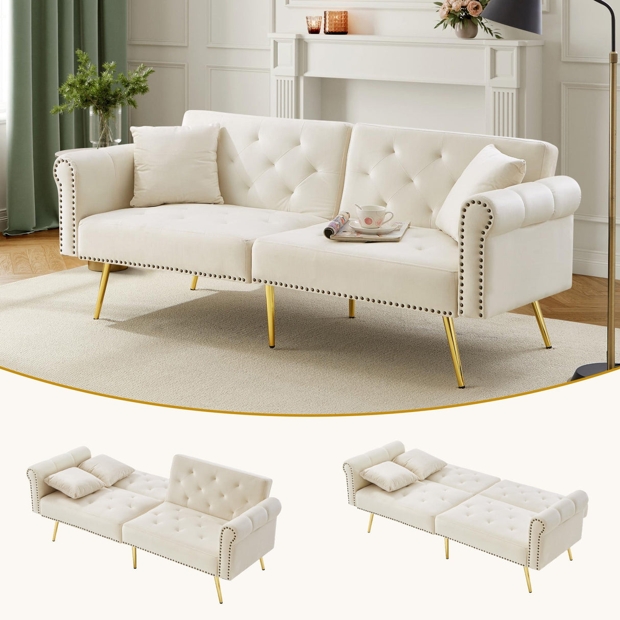 Modern 2-Seater Sofa Bed with 3-Stage Adjustable Backrest, Velvet