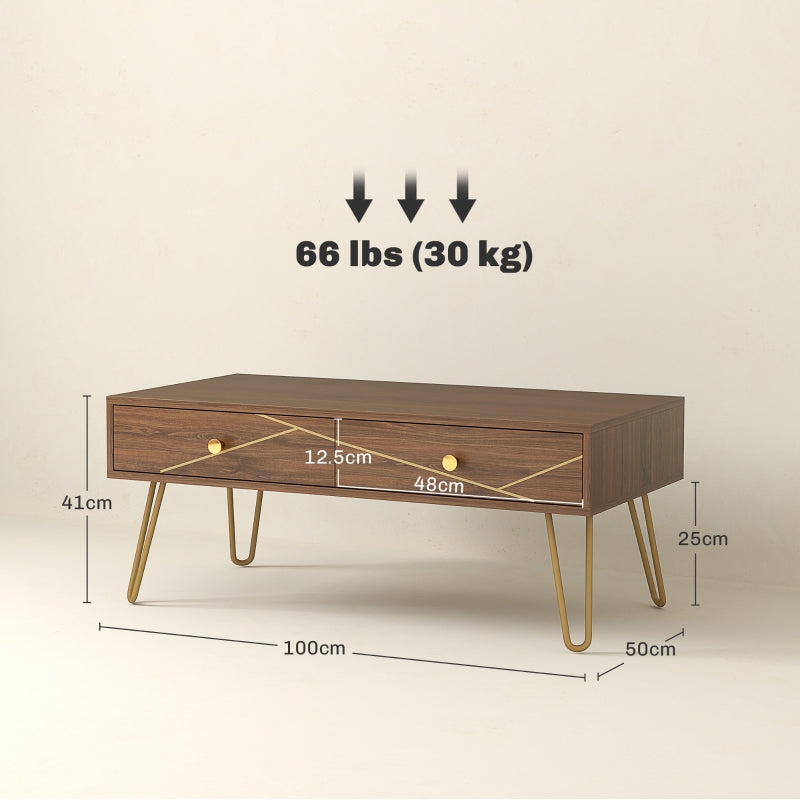 Coffee Table with Storage and Drawers, Rectangular Tea Table, Steel Base, Brown