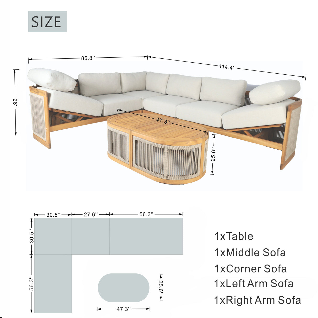 L-Shape 5-Seater Solid Acacia Modular Sofa Set with Cushions - Lounge Configuration (PAS-2516-LS+CS+MS+RS+OTA)
