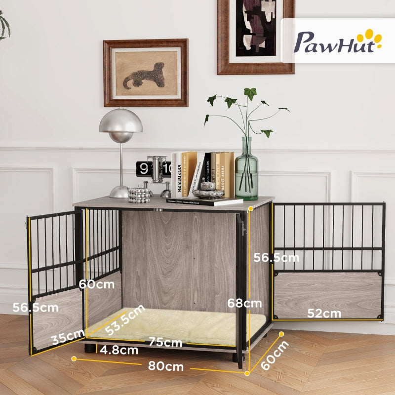 Furniture Style Dog Crate End Table Indoor 3 Doors, Soft Washable Cushion, 80cm