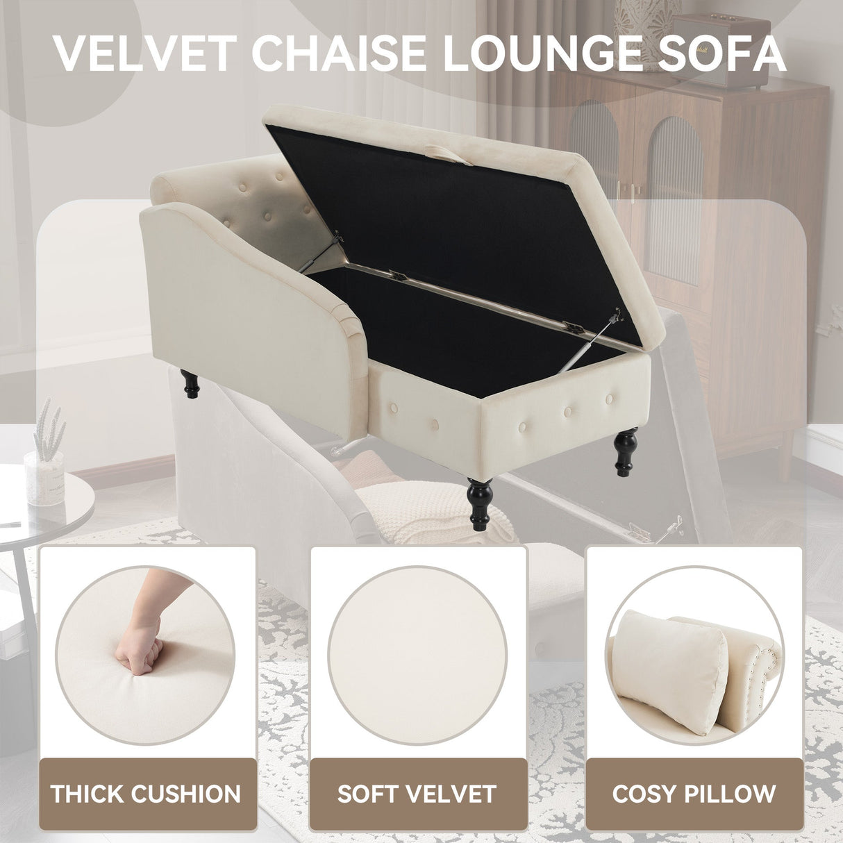 Velvet Chaise Lounge Sofa with Storage, Upholstered Chaise Lounge Couch with Pillow, Right Armrest, Velvet