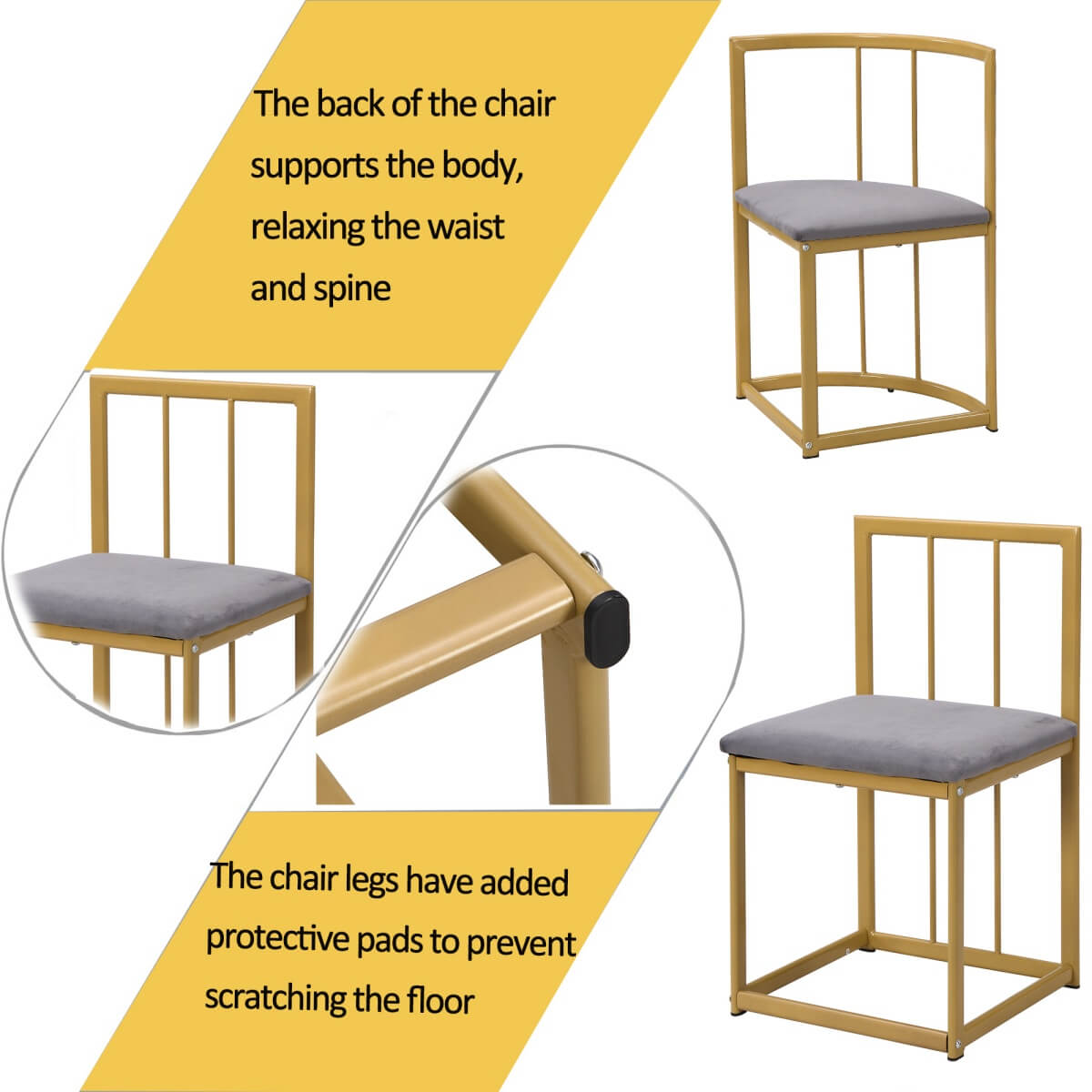 6 Seater Dining Table Set – White Table with Grey Upholstered Chairs, Gold Metal Frame, Modern Dining Room Furniture Set