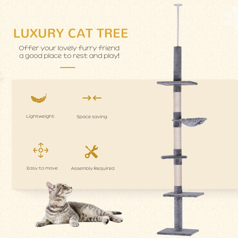 Floor to Ceiling Cat Tree - 5-Tier Kitty Tower Climbing Activity Center Scratching Post Adjustable Height - Grey