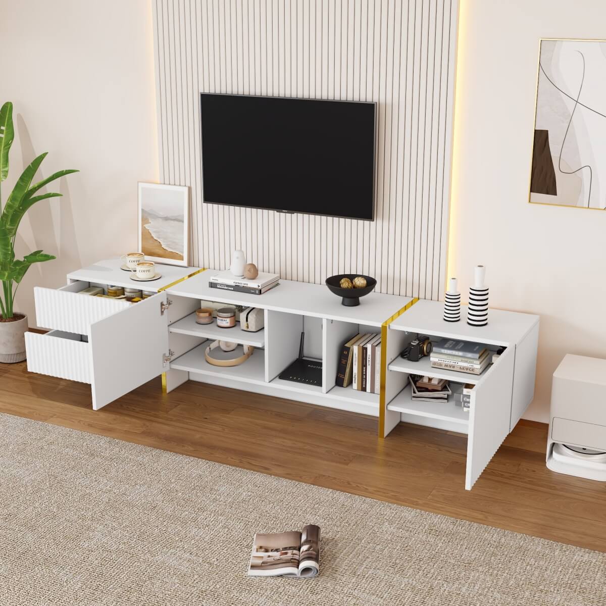 TV Stand for Up to 85 Inch TVs with Storage Cabinets & Open Shelves - Embossed Media Console, White