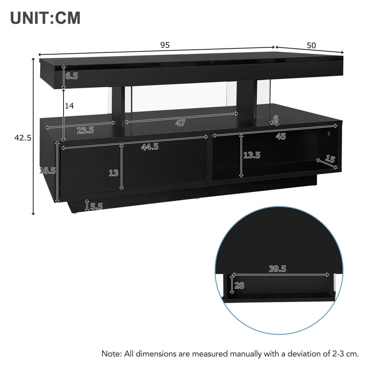 High Gloss Coffee Table with LED Lights - Modern Black Storage Centre Table