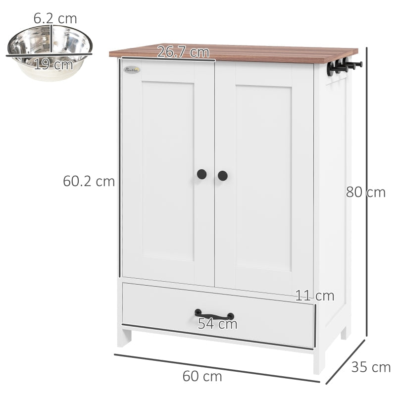 Pet Feeding Station, Raised Dog Bowls, Adjustable Panel, Hooks, White