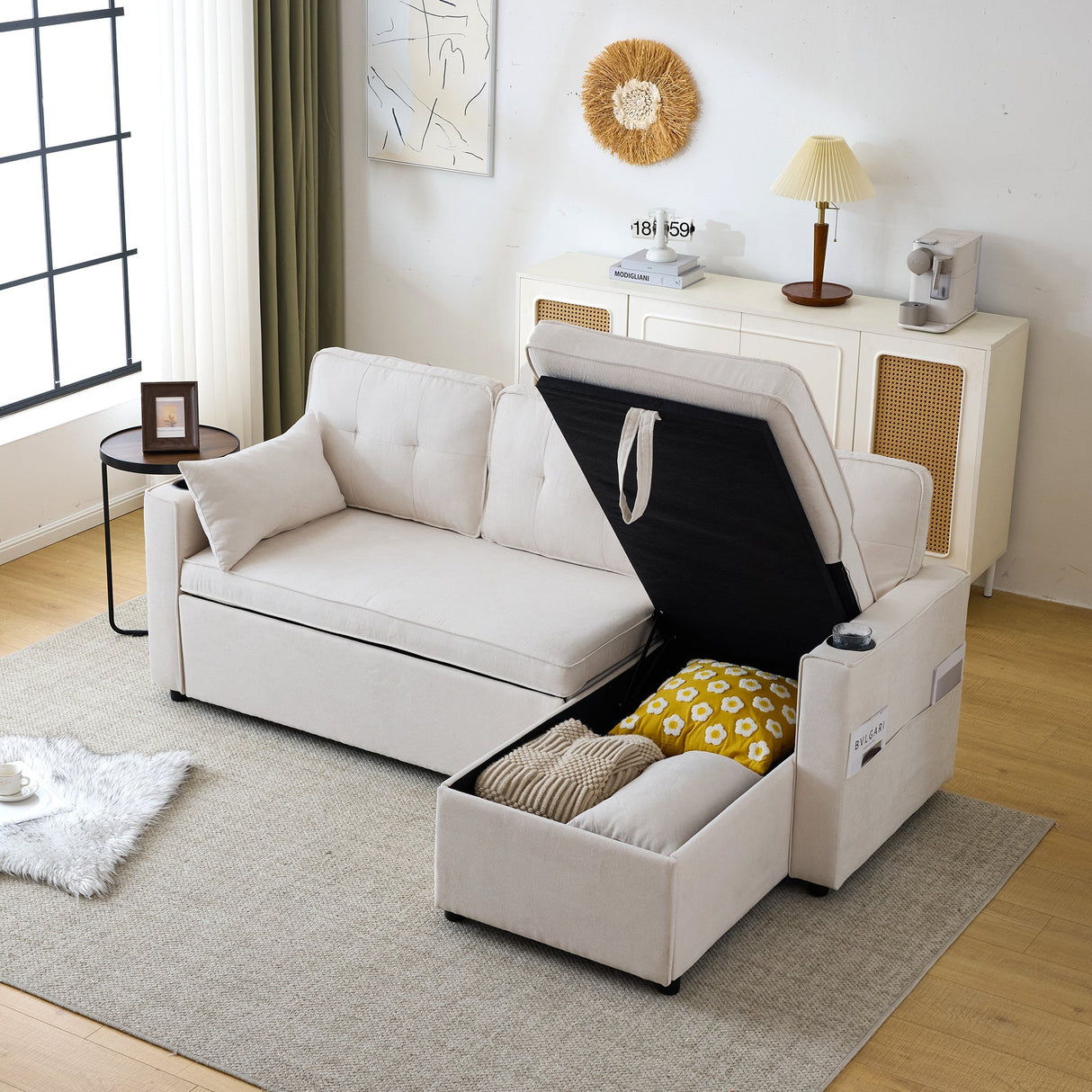 3-in-1 Convertible Sofa Bed with Storage Chaise, L-Shaped Sectional Daybed, Beige