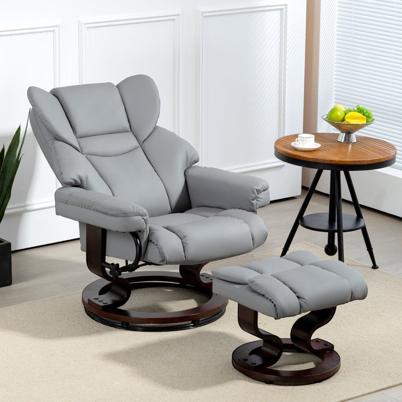 360?? Swivel Recliner Chair with Footstool, Manual Recliner Armchair, PU Leather Light Grey