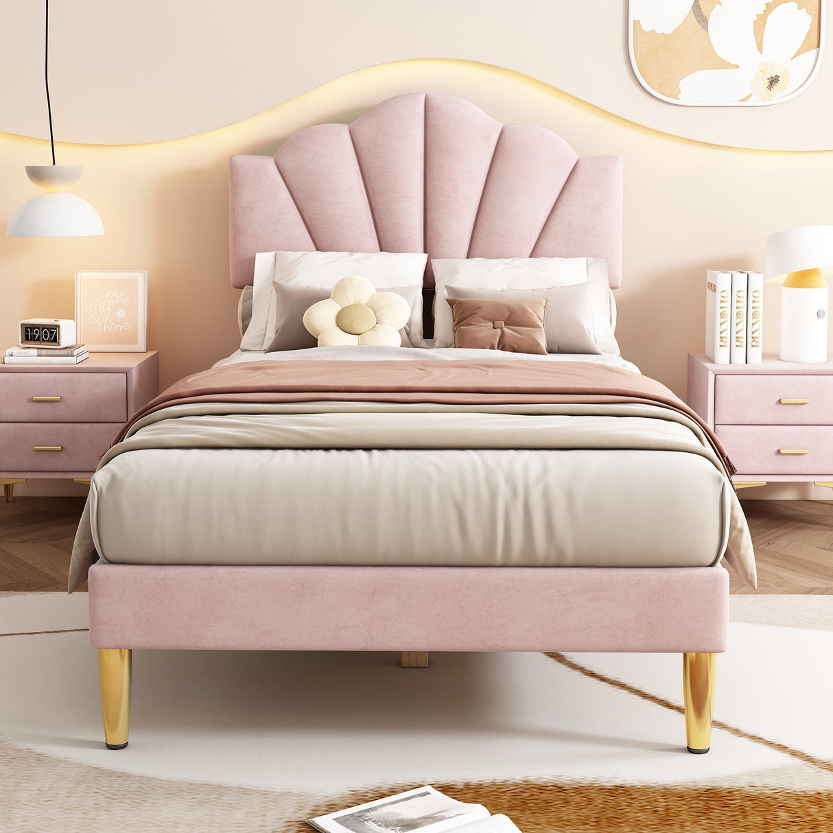 Velvet Upholstered Single Bed - 3ft (90*190cm) with Shell-like Design, Golden Iron Legs, Height-Adjustable Headboard, Wooden Slatted Frame, Pink