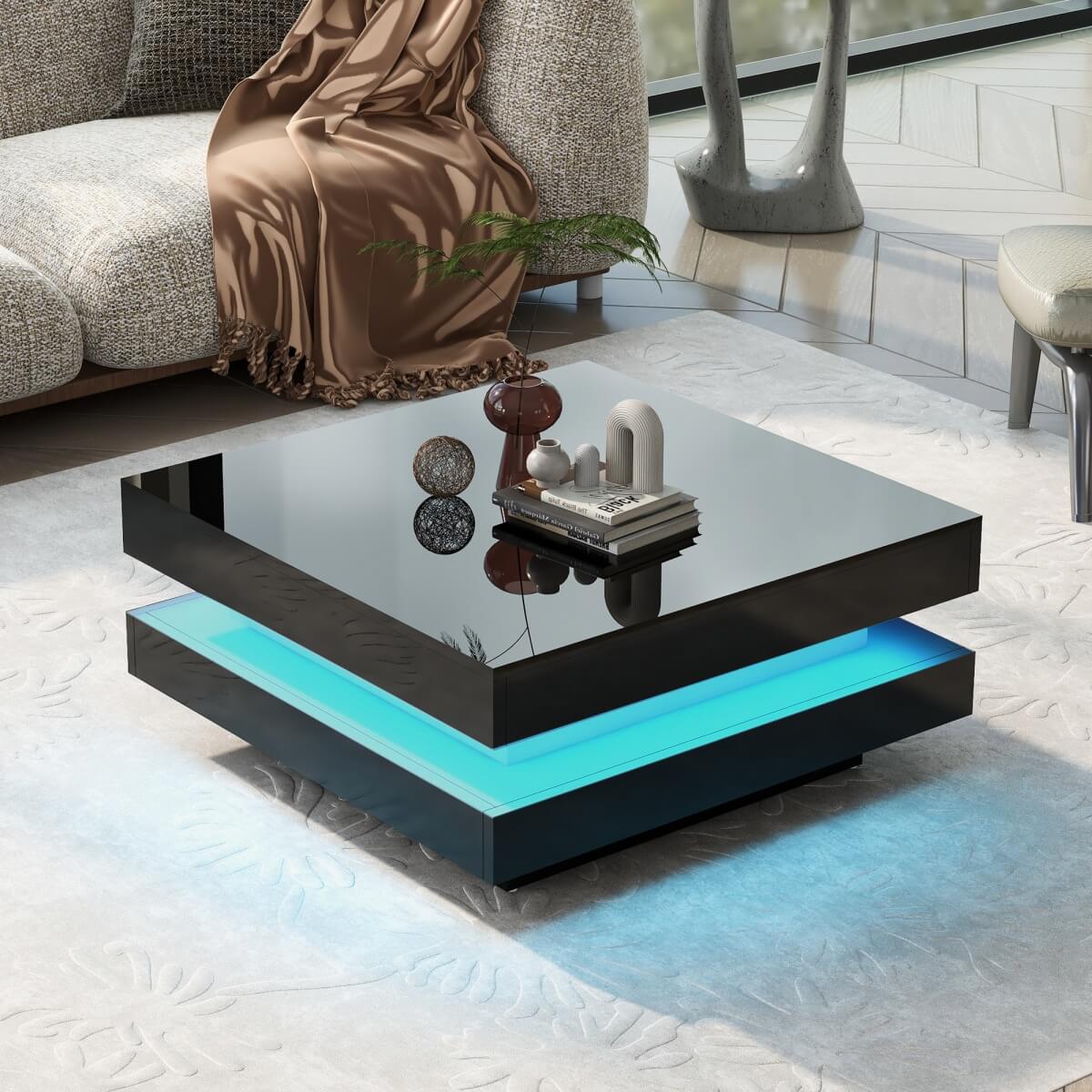 Black High Gloss Coffee Table with 360¡ã Rotating Top & LED