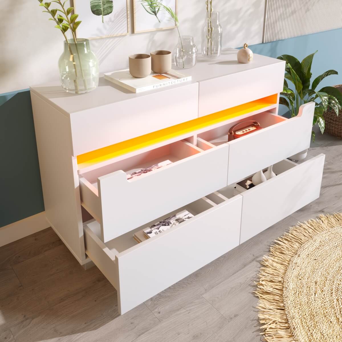 6-Drawer Chest of Drawers with RGB LED Lights - Modern White Storage Sideboard with App Control and Cut-Out Handles